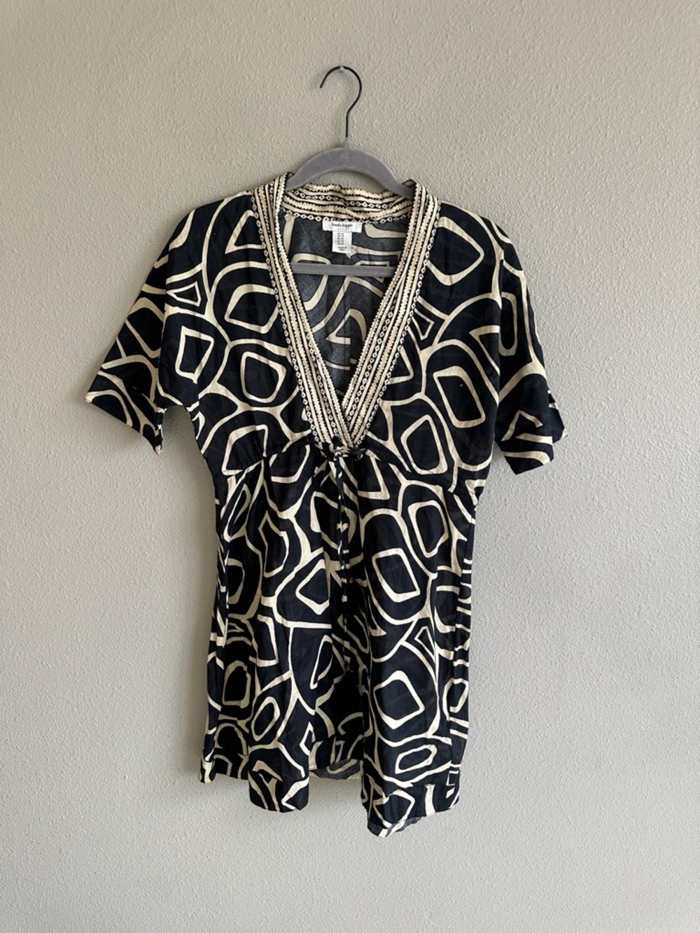 Haute Hippie Black and Cream Geometric V-Neck Mini Dress Coverup